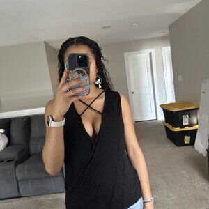 Black Solid Sleeveless Overlap Criss Cross Top, Size Small